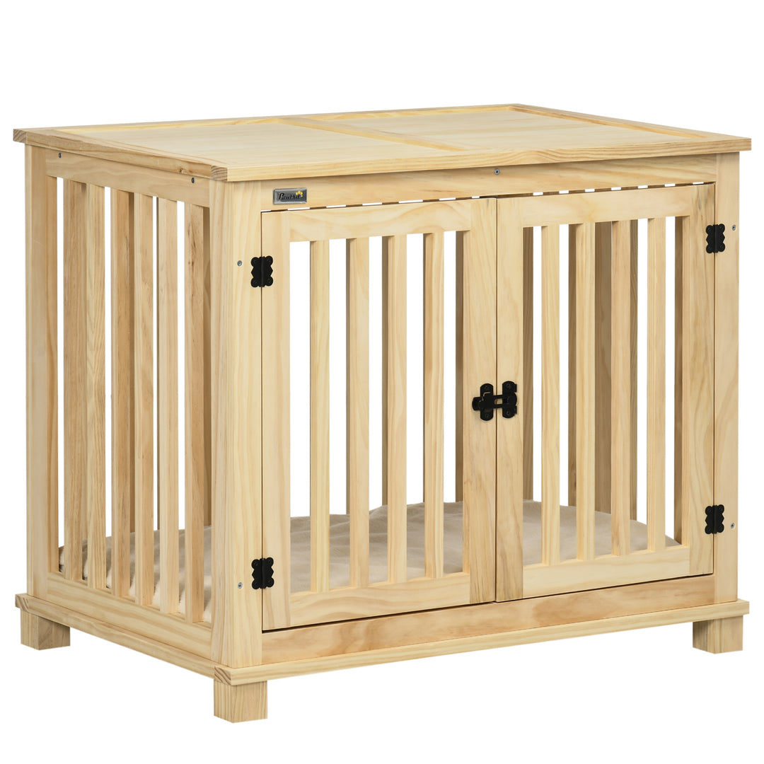 Wooden Dog Crate, with Double Doors, Cushion, for Medium Dogs - Natural Finish