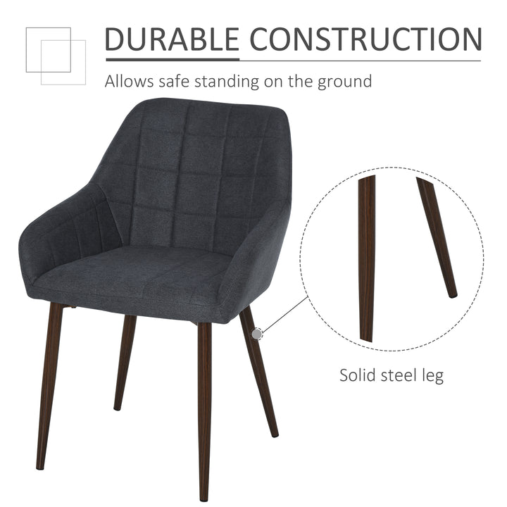 2 Pieces Linen-Touch Fabric Dining Chair with Grid Pattern Cushion and Backrest, Mid Back Leisure Chair with Steel Leg, Sponge Padded Armchair for Dining Room