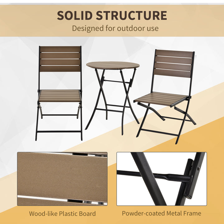 3 Pcs Folding Bistro Dining Set 2 Single Chair 1 Dining Table Metal Frame Plastic Panel Slatted Compact Garden Outdoor Apartment Black&amp;Brown