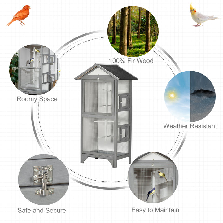 PawHut Wooden Outdoor Bird Cage, for Finches and Canaries, with Removable Tray, Asphalt Roof - Grey