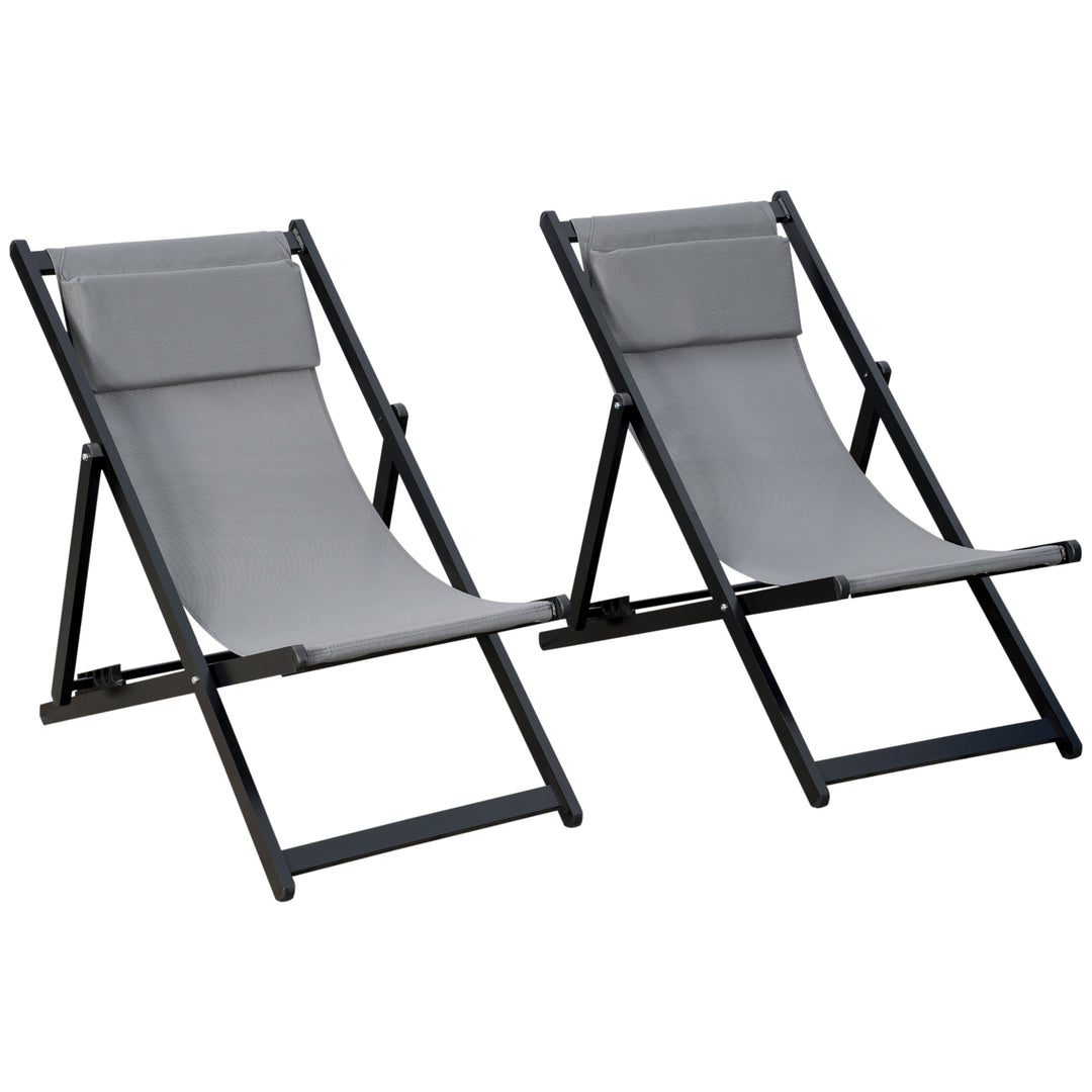 Set of 2 Folding Garden Beach Aluminium Frame Deck Chairs Deckchairs Seaside Folding Garden Patio Lounger, Grey