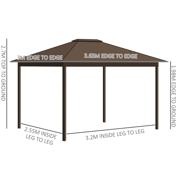 Outsunny 3.6 x 3(m) Outdoor Hardtop Gazebo Metal Roof Patio Gazebo with Aluminum Frame, Mesh Nettings, Curtains, &amp; Roomy Interior Space, Brown