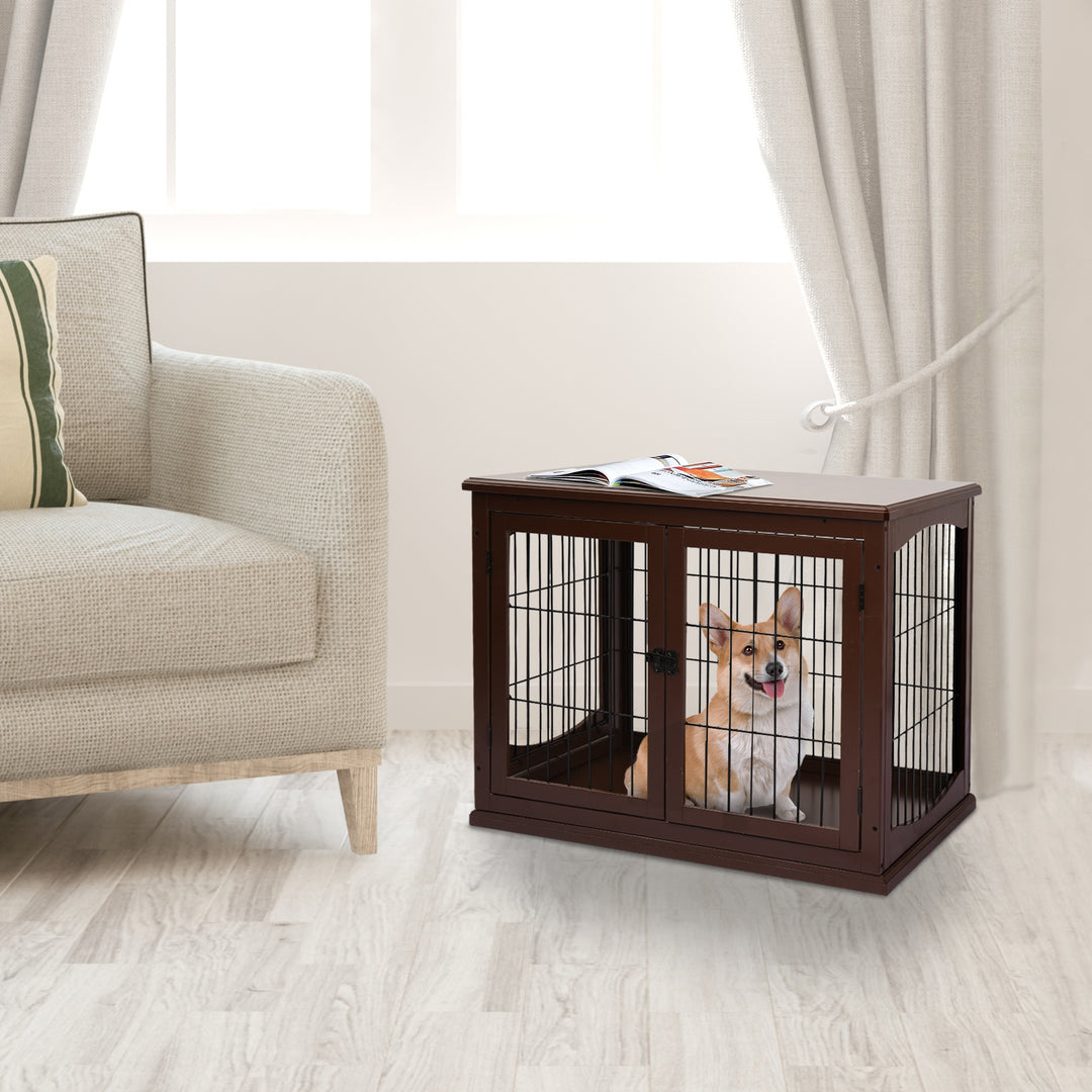 66cm Modern Indoor Pet Cage w/ Metal Wire 3 Doors Latches Base Small Animal House Tabletop Crate Decorative Stylish Brown