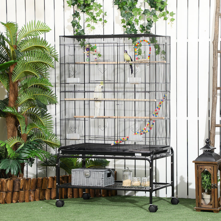 Bird Cage with Stand, Toys, Wheels, for Canaries, Finches, Lovebirds, Parakeets, Budgie Cage with Accessories, Storage Shelf, Black