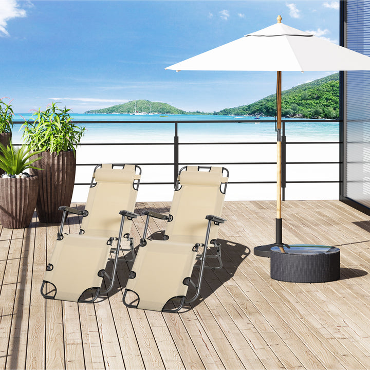 Outsunny 2 Pieces Foldable Sun Loungers with Adjustable Back, Outdoor Reclining Garden Chairs with Pillow and Armrests, Beige