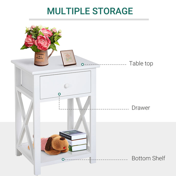 Traditional Accent End Table With 1 Drawer,X Bar Bottom Storage Shelf, for Living Room Bedroom Room 40L x 30W x 55H cm - White