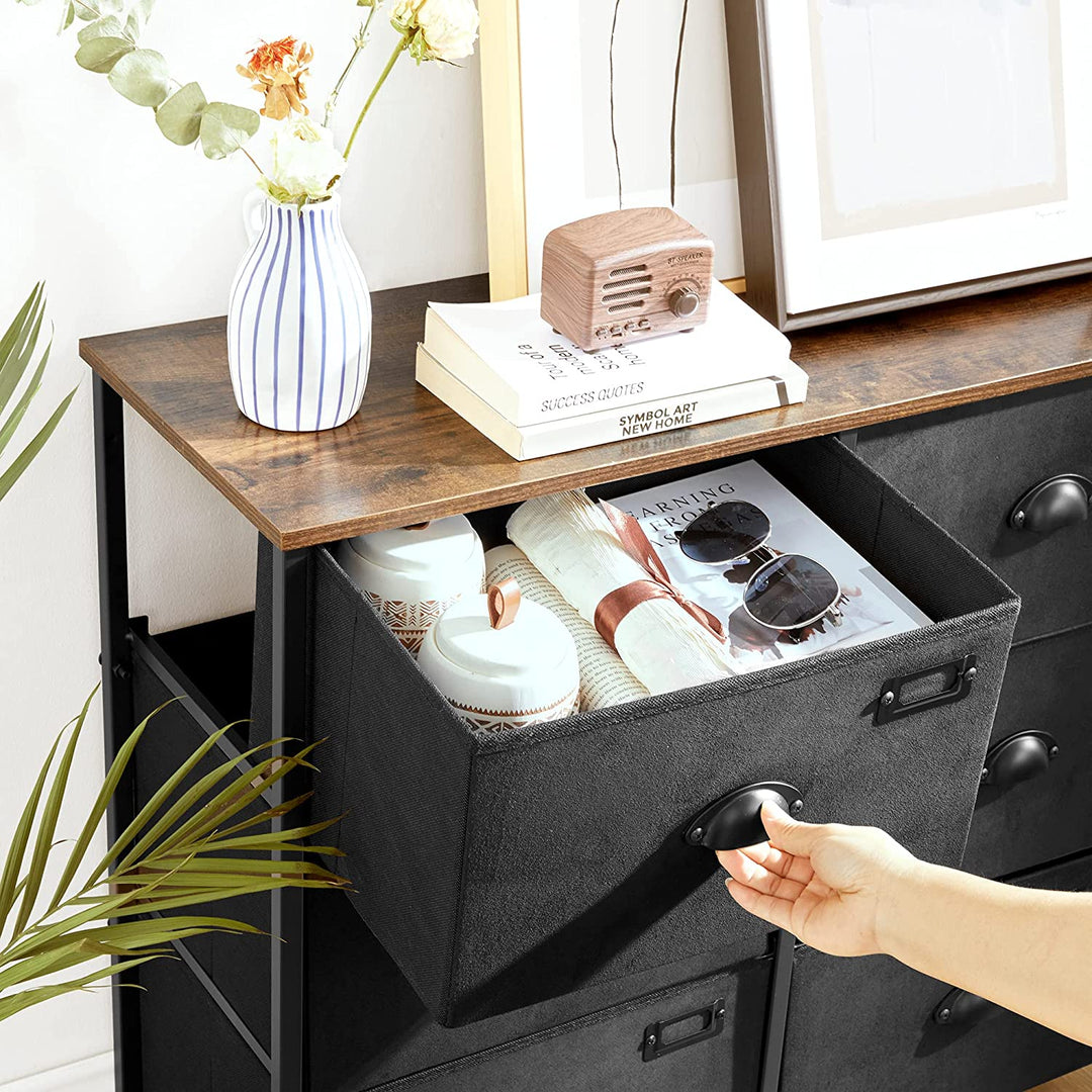 Rustic Brown & Black Dresser Unit with 8 Fabric Drawers