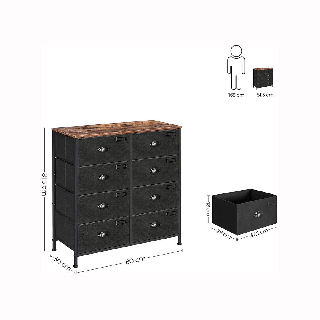 Rustic Brown & Black Dresser Unit with 8 Fabric Drawers