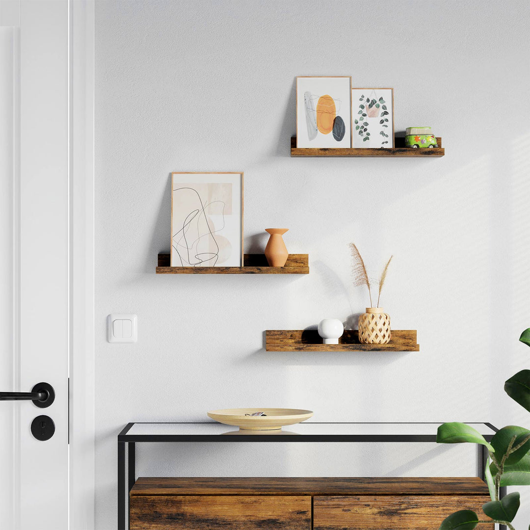 Set of 3 Rustic Brown Wooden Floating Shelves