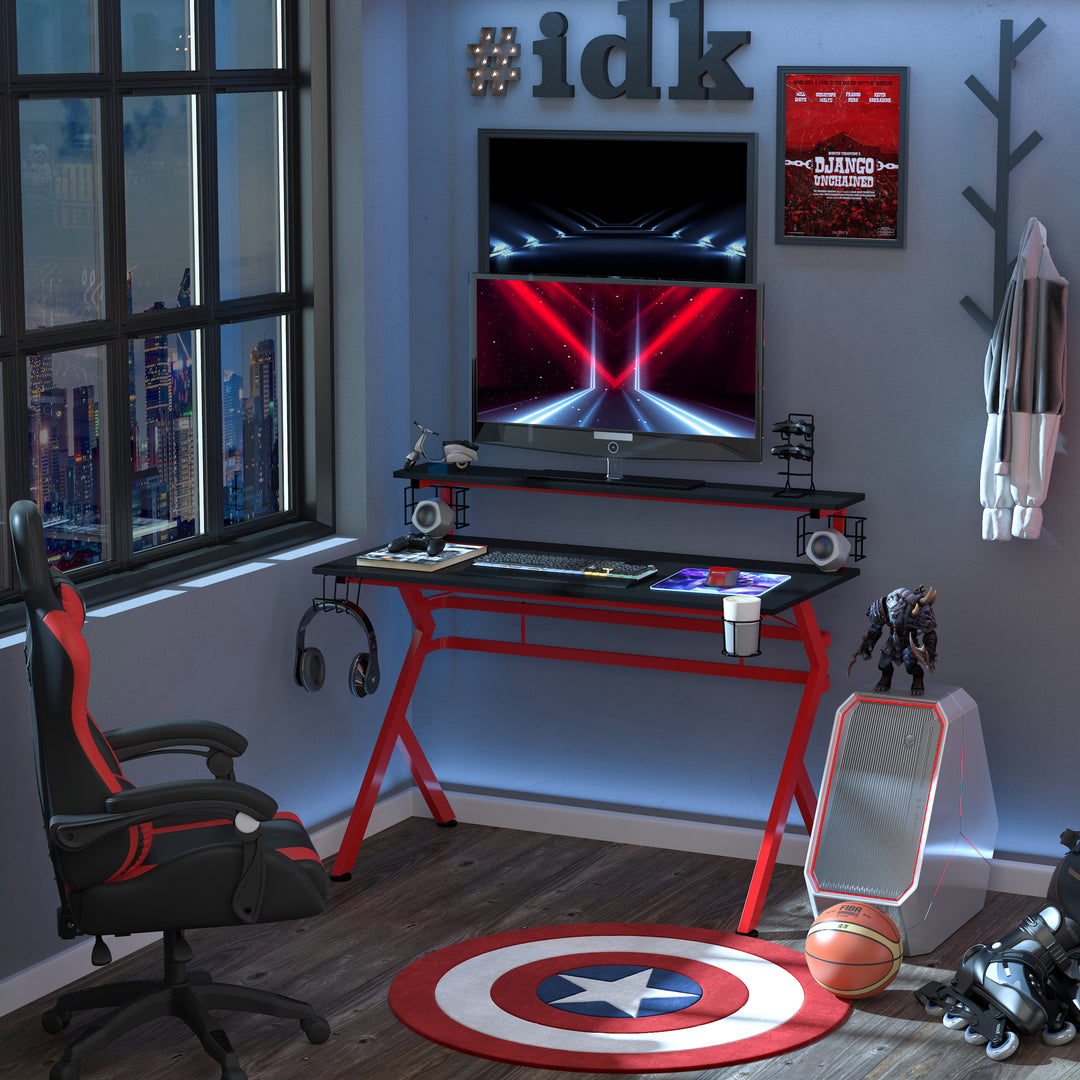 Gaming Desk Computer Table Ergonomics Workstation for Home Office with Cup &amp; Speaker 120cm x 60cm x 96.5cm Black and Red