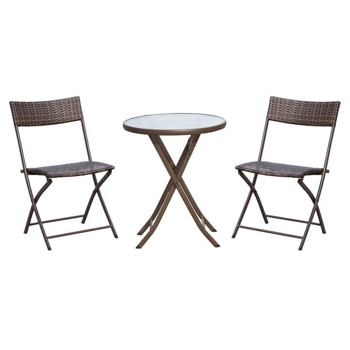 Rattan Bistro Set 2-Seater Garden Furniture Folding Rattan Chair Glass Topped Coffee Table Patio Balcony Wicker Furniture, Brown