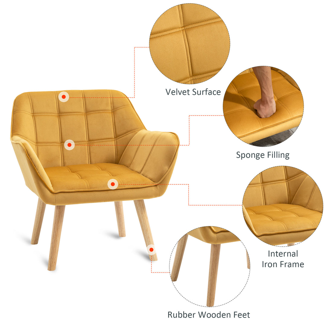 Armchair Accent Chair Wide Arms Slanted Back Padding Iron Frame Wooden Legs Home Bedroom Furniture Seating Yellow