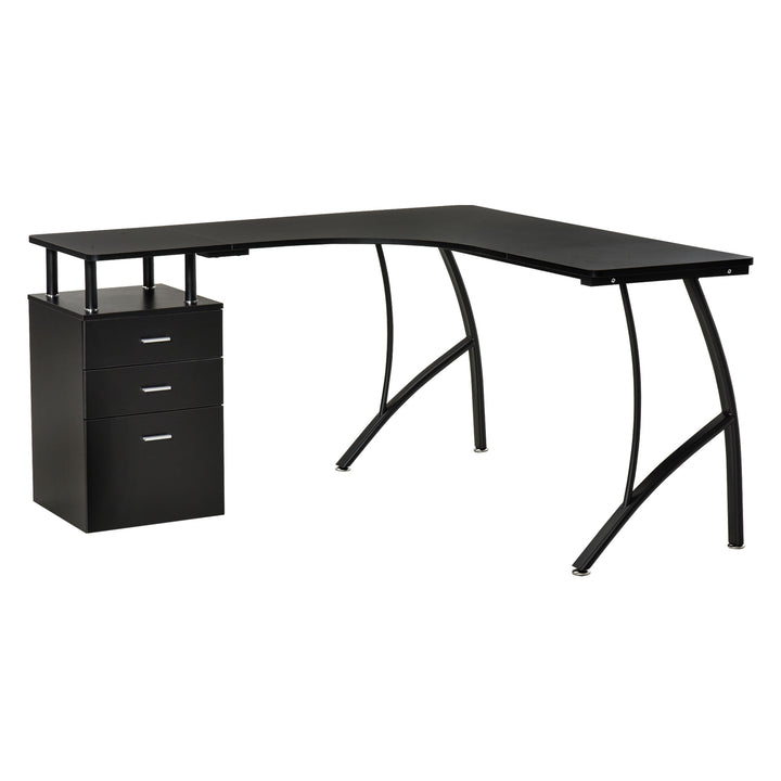 HOMCOM L-Shaped Computer Desk Table with Storage Drawer Home Office Corner Industrial Style Workstation, Black