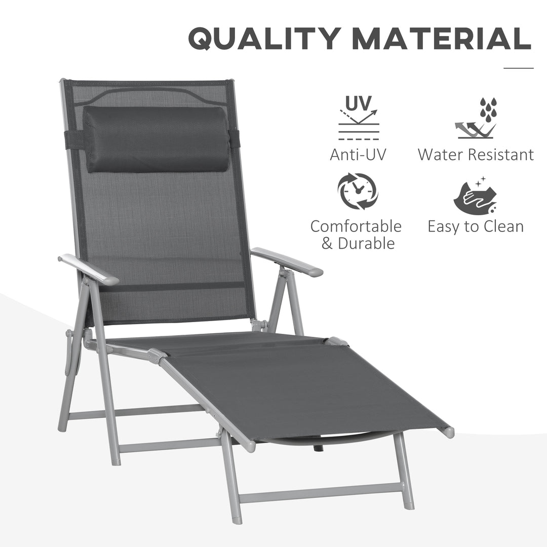 Outsunny Outdoor Folding Chaise Lounge Chair Recliner with Portable Design & 7 Adjustable Backrest Positions ， Steel Fabric Sun Lounger- Dark Grey