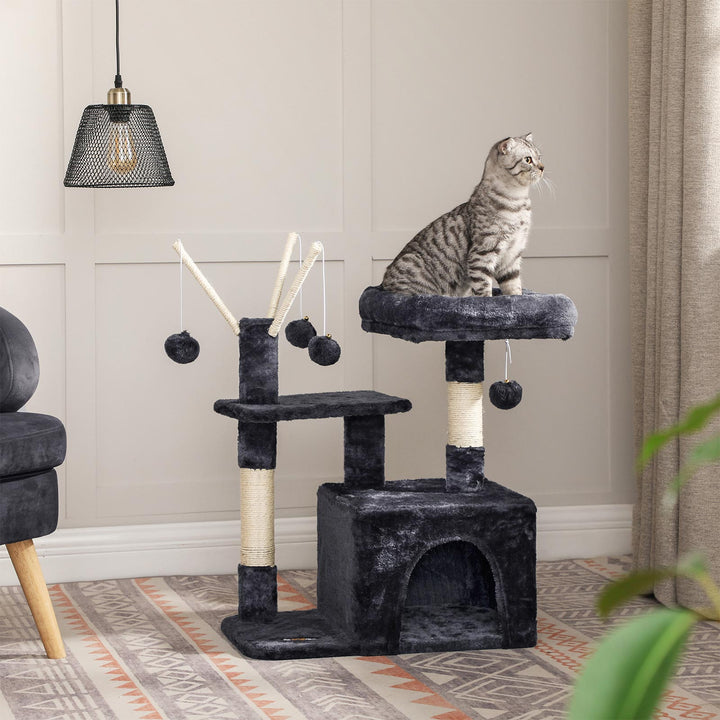 3-Level Grey Cat Tree with 3 Pompoms