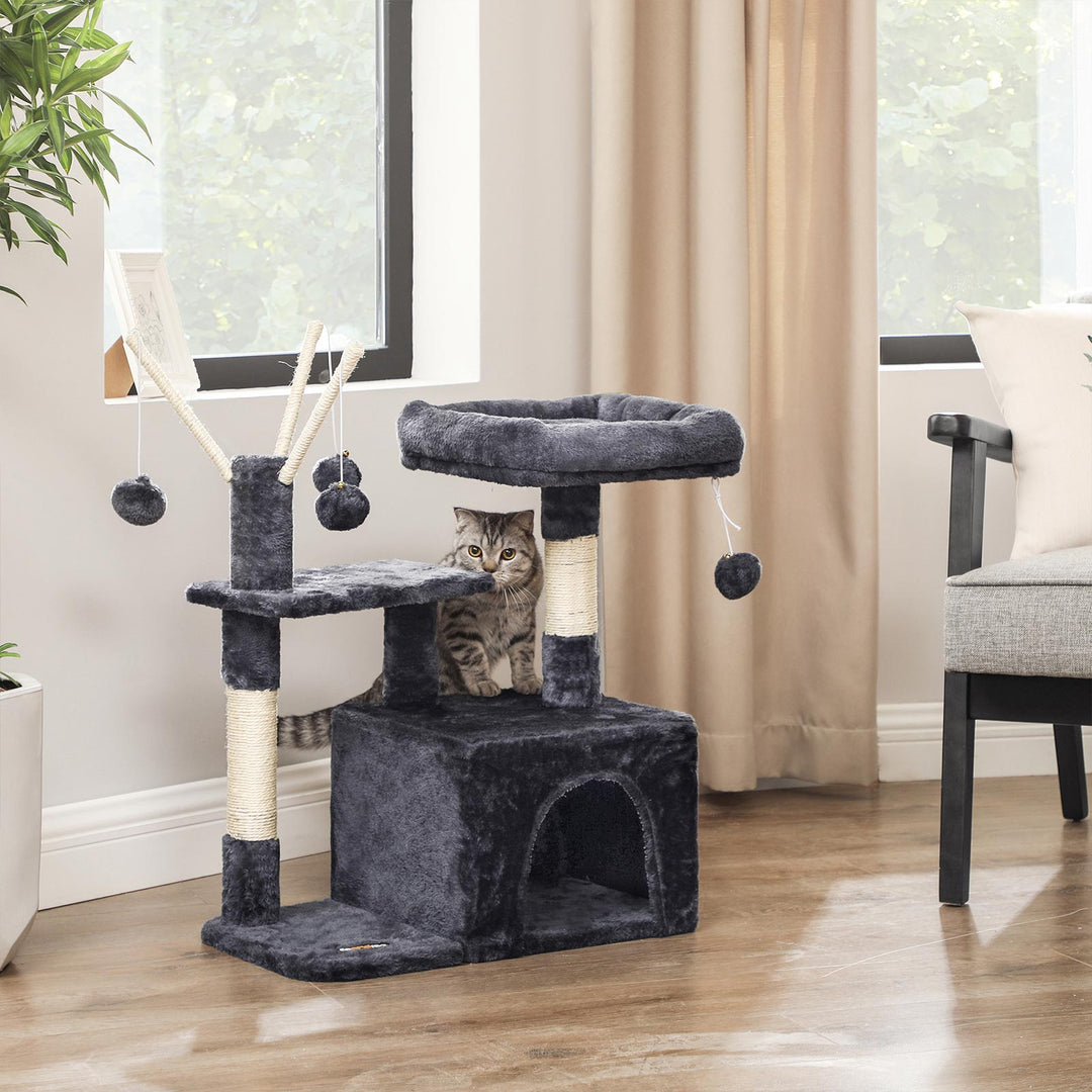 3-Level Grey Cat Tree with 3 Pompoms