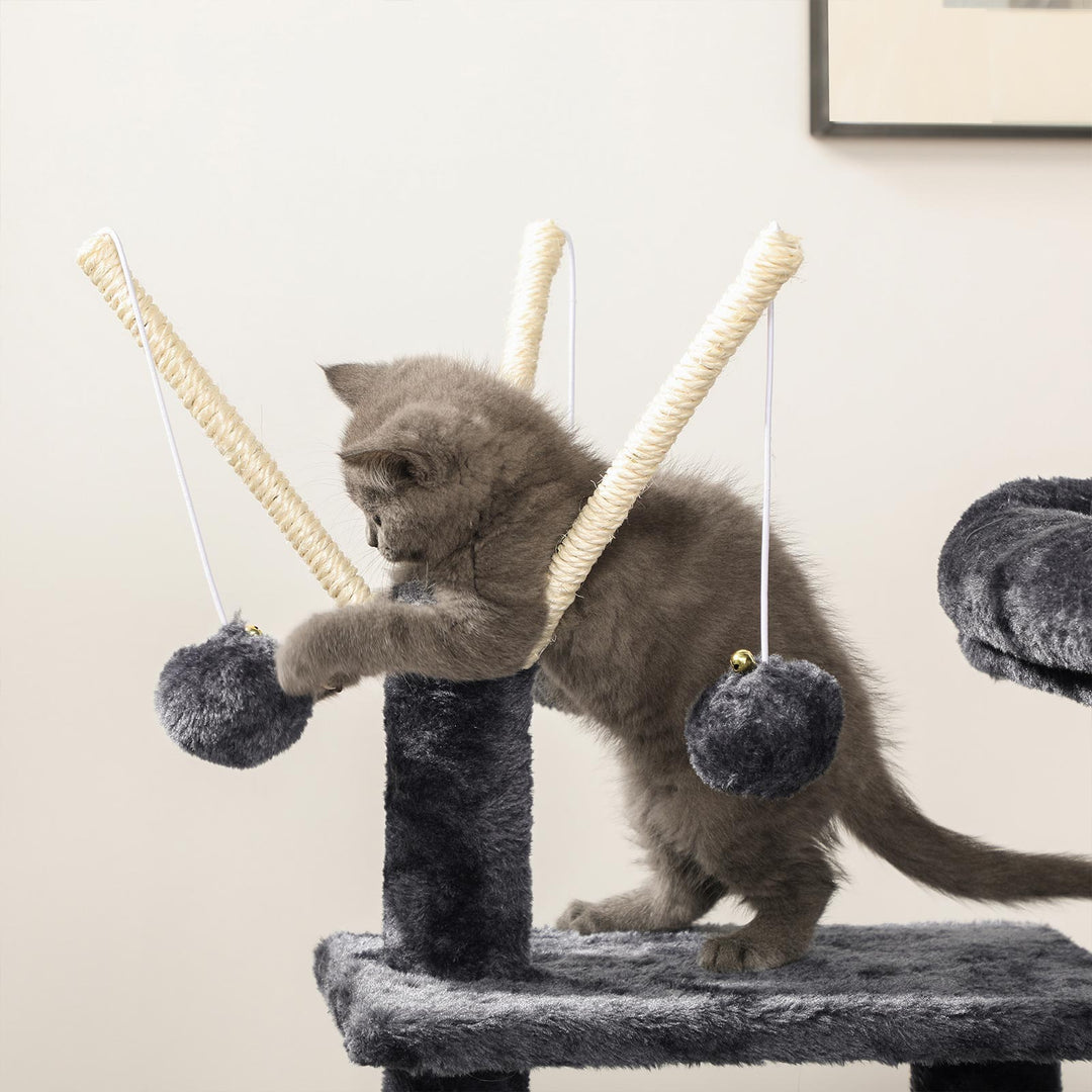 3-Level Grey Cat Tree with 3 Pompoms