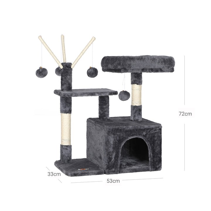 3-Level Grey Cat Tree with 3 Pompoms