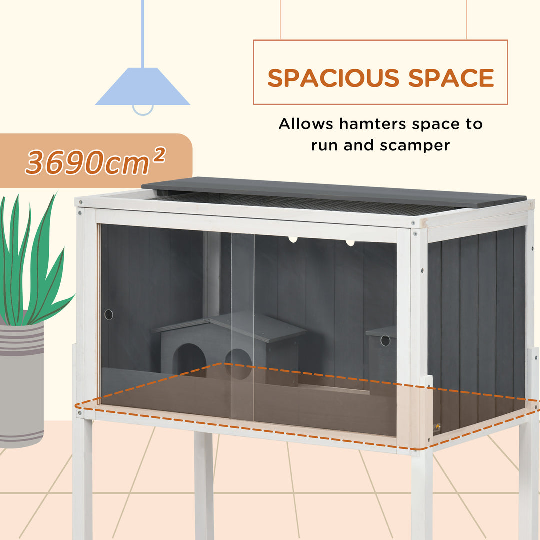 PawHut Wooden Hamster House Hamster Cage with Shelf, for Dwarf Hamsters, Gerbils, Rutin Chickens, with Huts, 82 x 45 x 81 cm, Dark Grey