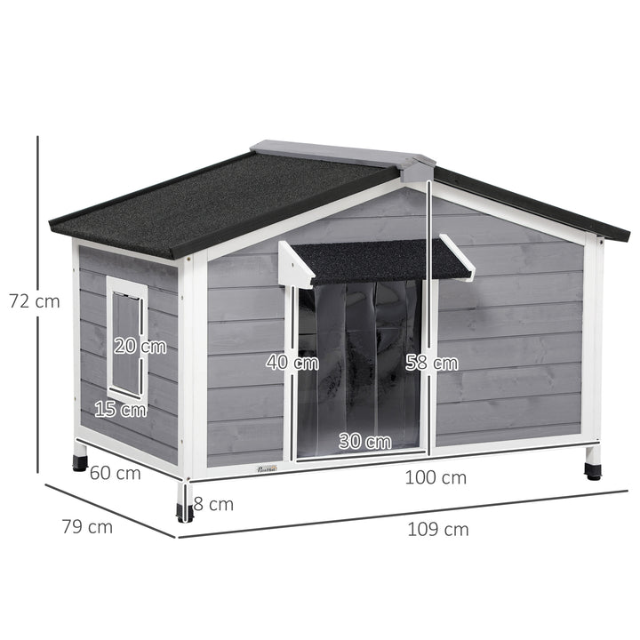 Large Wooden Dog Kennel Elevated Dog Kennels for Outside, with Openable Top, Asphalt Roof, Windows, Curtain, Removable Tray, Adjustable Leg, Dog House Outdoor, 109L x 79W x 72H cm, Grey