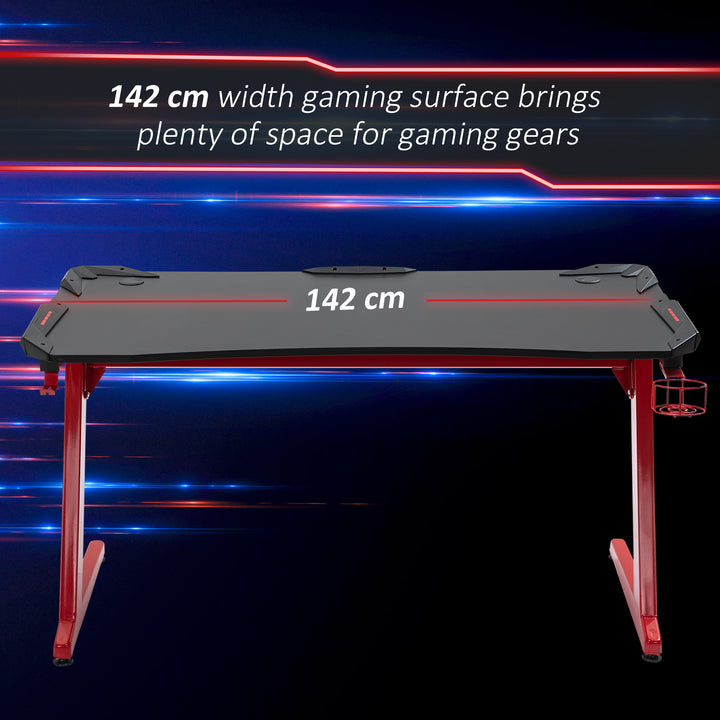 Gaming Desk, Ergonomic Home Office Desk, Gamer Workstation Racing Table, with Headphone Hook and Cup Holder, 142 x 66 x 96cm, Black and Red