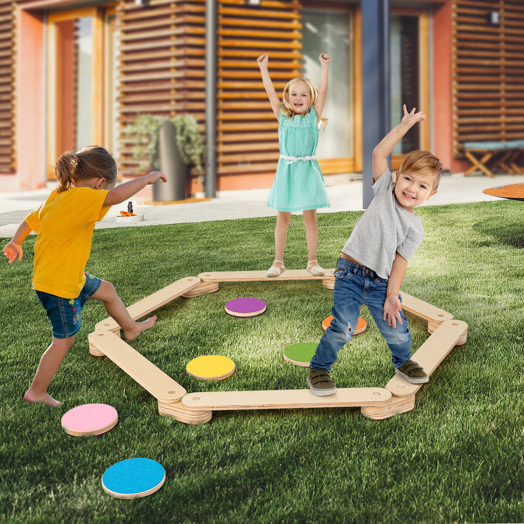 Kids Wooden Balance Beam with Colourful Steeping Stones