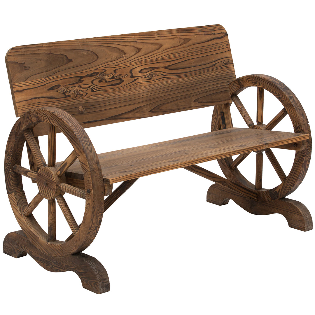 Wooden Cart Wagon Wheel 2 Seater Garden Bench Outdoor Chair Rustic High Back Loveseat Burnt Stained