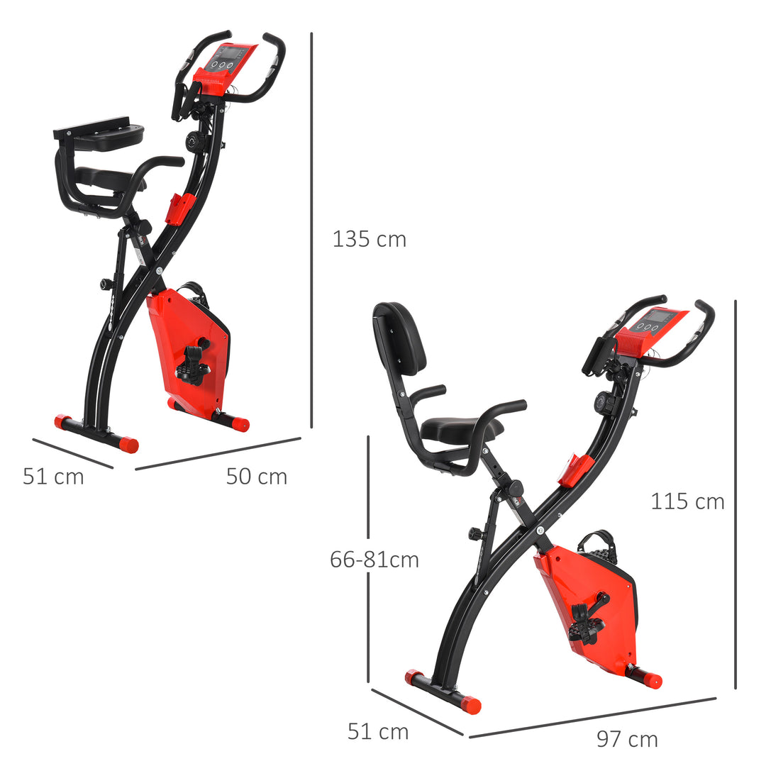 HOMCOM 2-In-1 Upright Exercise Recumbent Bike Adjustable Resistance Stationary Fitness Home Gym Foldable w/ Armrests LCD Monitor Cycling Wheels Red