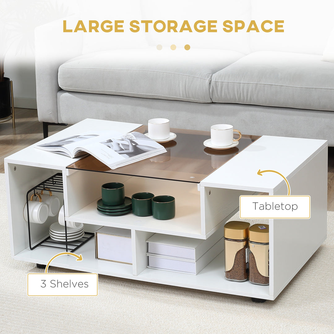 HOMCOM Modern Coffee Table with Tempered Glass Top, Cocktail Table with 3-Tier Storage Shelves for Living Room, White