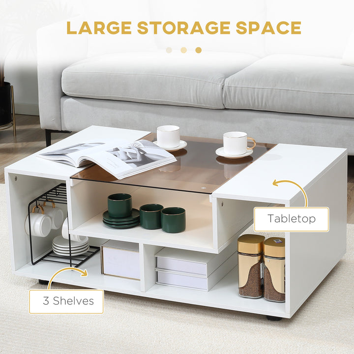 HOMCOM Modern Coffee Table with Tempered Glass Top, Cocktail Table with 3-Tier Storage Shelves for Living Room, White