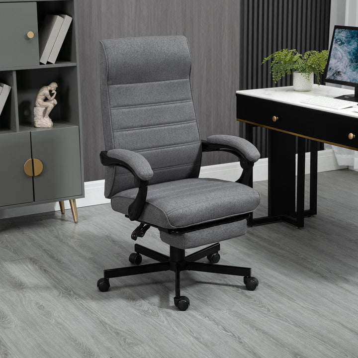 Vinsetto High-Back Home Office Chair, Linen Swivel Reclining Chair with Adjustable Height, Footrest and Padded Armrest for Living Room, Study, Grey