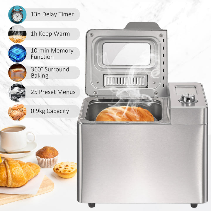 25 in 1 Bread Machine 0.9 KG Capacity Programmable Stainless Steel Dough Maker with Auto Fruit Nut Dispenser Nonstick Pan 3 Loaf Sizes, 550W