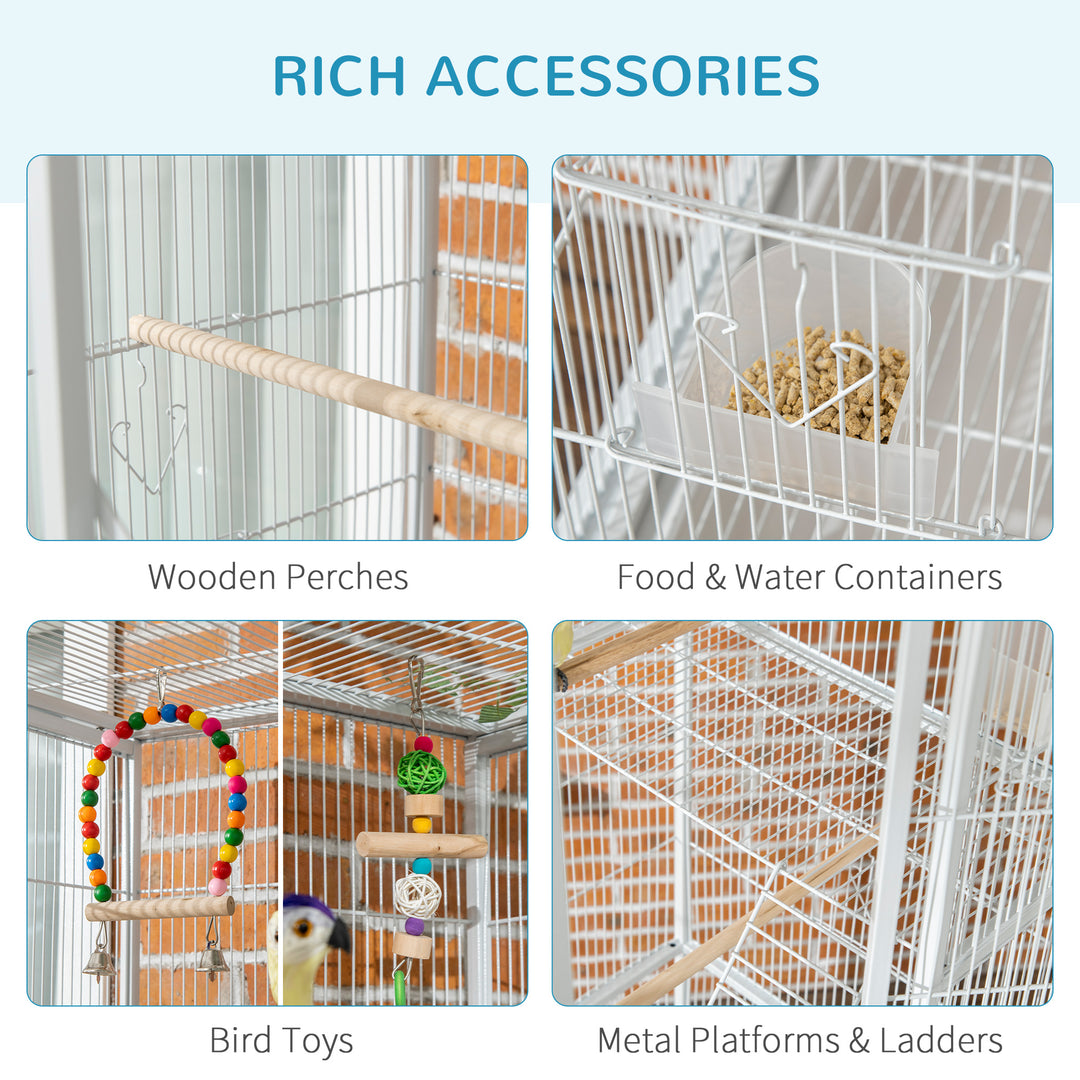 3 Tier Bird Cage with Stand, Wheels, Toys, Ladders, for Canaries, Finches, Cockatiels, Parakeets, Budgie Cage with Accessories - White