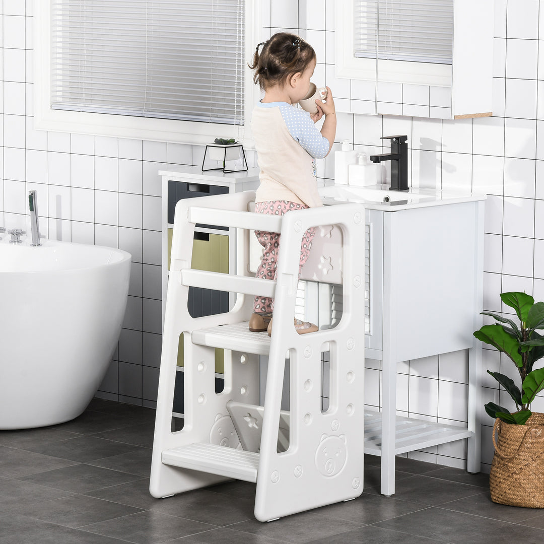 Kids Step Stool Adjustable Standing Platform Toddler Kitchen Stool -Standing Tower for Kids Kitchen Learning w/ Three Adjustable Heights, White