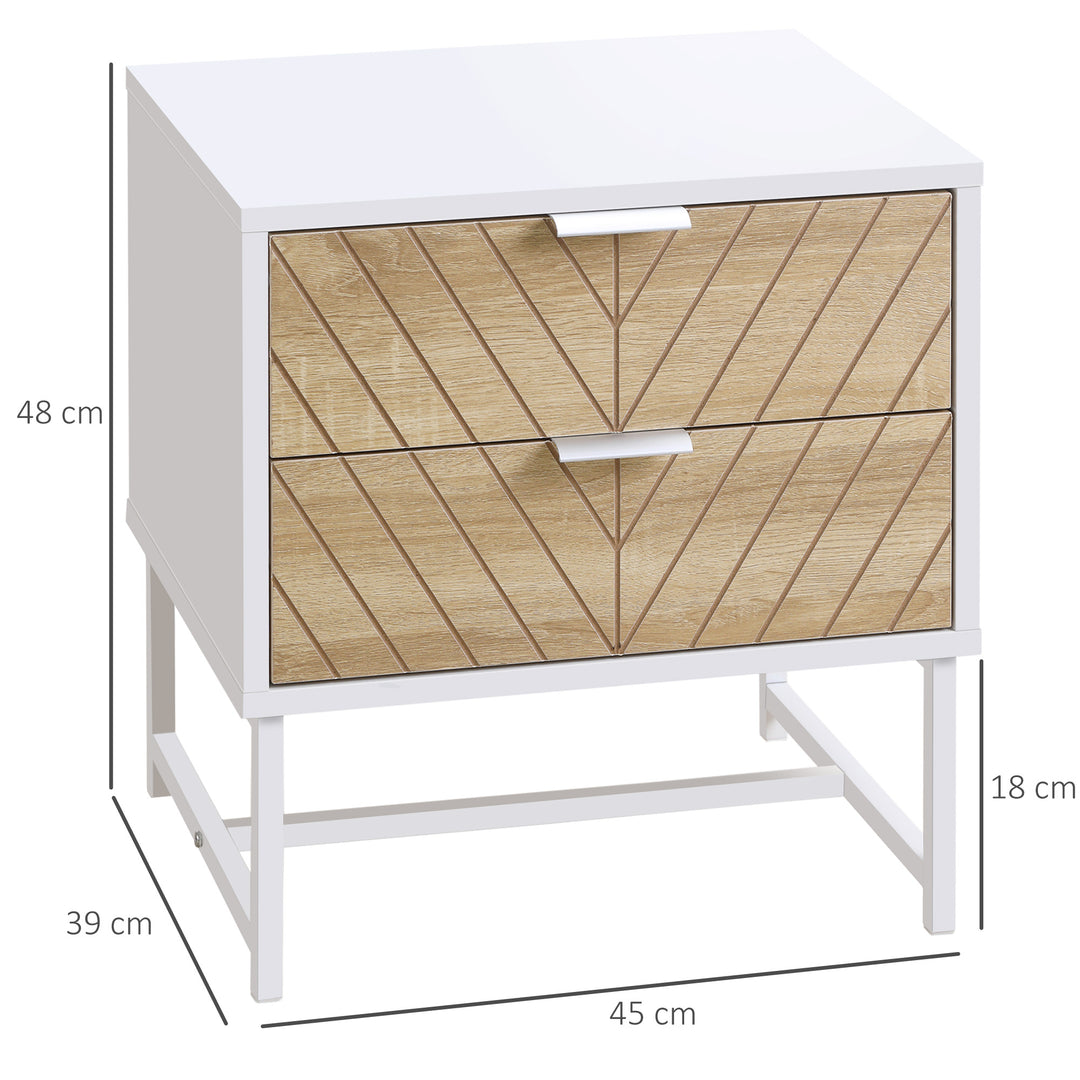 Modern Bedside Table with 2 Drawers and Metal Frame, Sofa Side Table for Bedroom Living Room, White and Oak