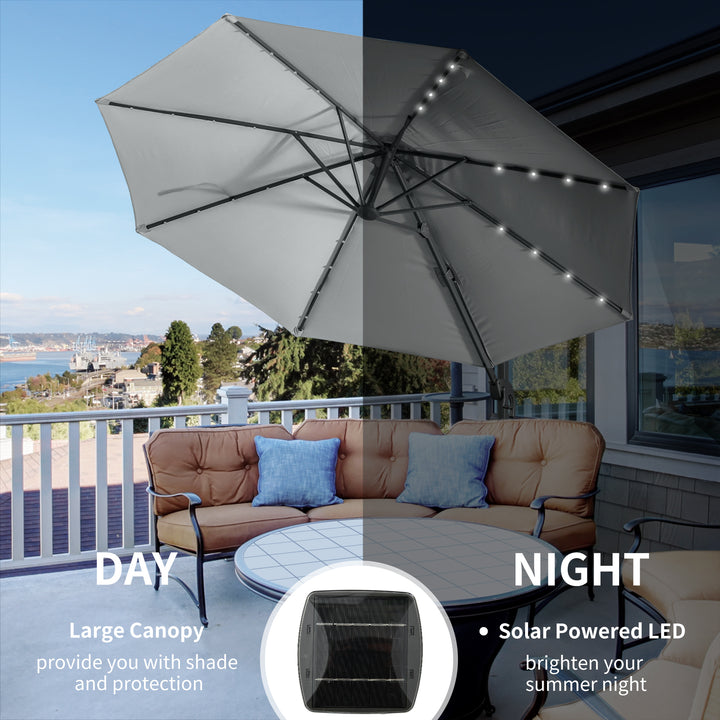 Outsunny 3(m) Cantilever Roma Parasol Patio Sun Umbrella with LED Solar Light Cross Base 360° Rotating Outdoor, Grey