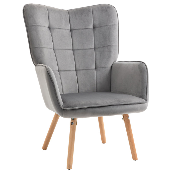 HOMCOM Modern Accent Chair Velvet-Touch Tufted Wingback Armchair Upholstered Leisure Lounge Sofa Club Chair with Wood Legs, Grey