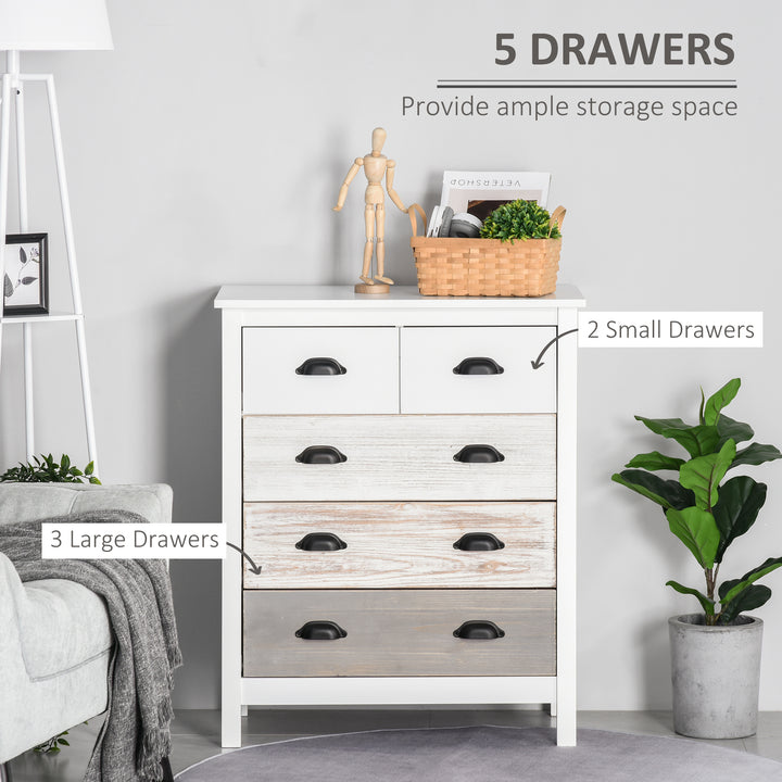 HOMCOM Side Cabinet Home Organizer with 5 Storage Drawer Unit, Round Handle for Bedroom, Living Room, Multi-Coloured