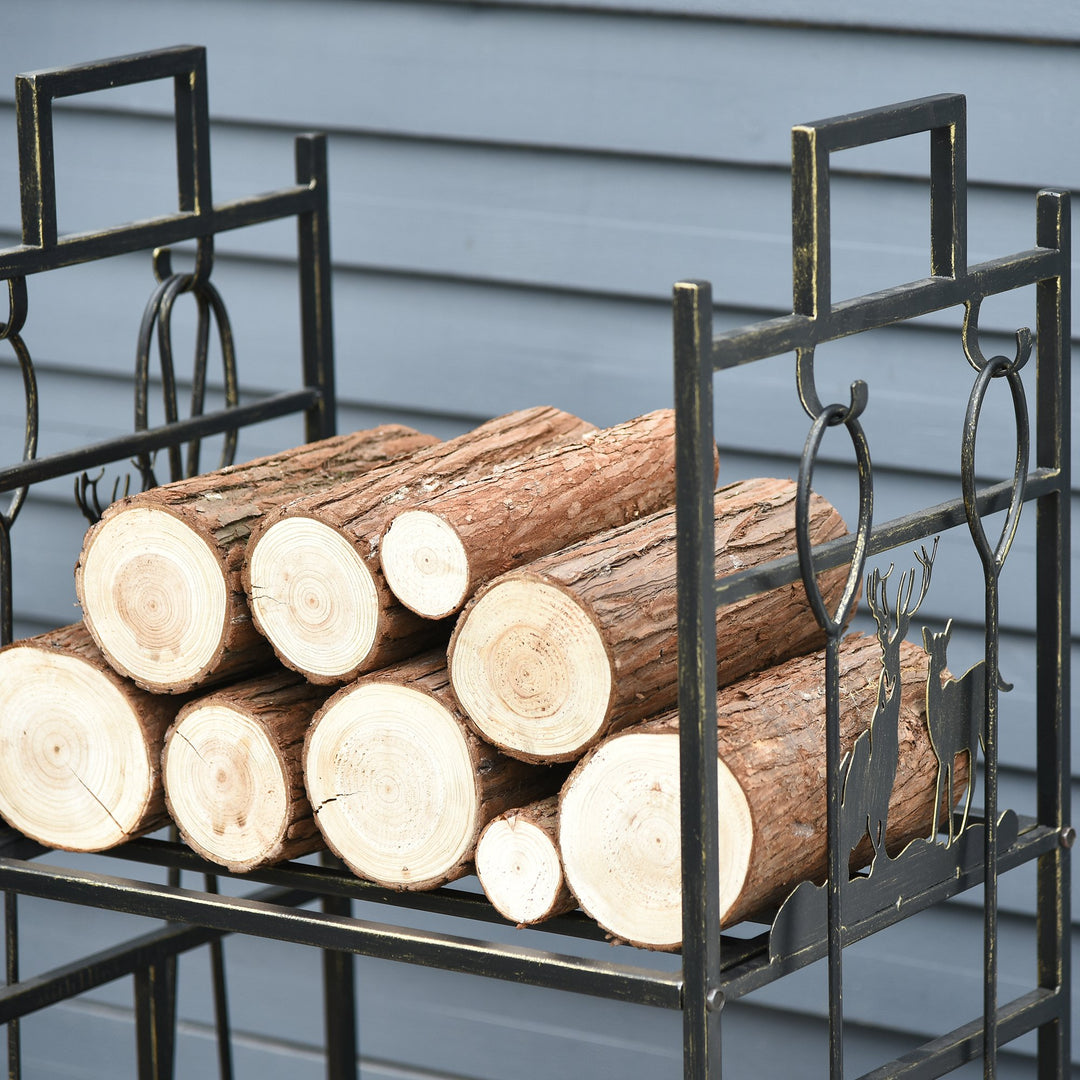 Outsunny 2-Layer Heavy Duty Firewood Rack Wood Log Fireplace Stacker  w/ 4 Tools, Gold