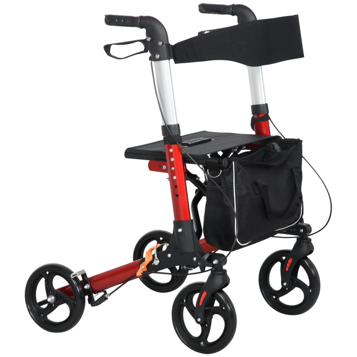 Folding Rollator Walker with Seat & Backrest, Lightweight Walking Frame w/ Adjustable Handle Height, 4 Wheeled Walker for Seniors, Handicapped, Red