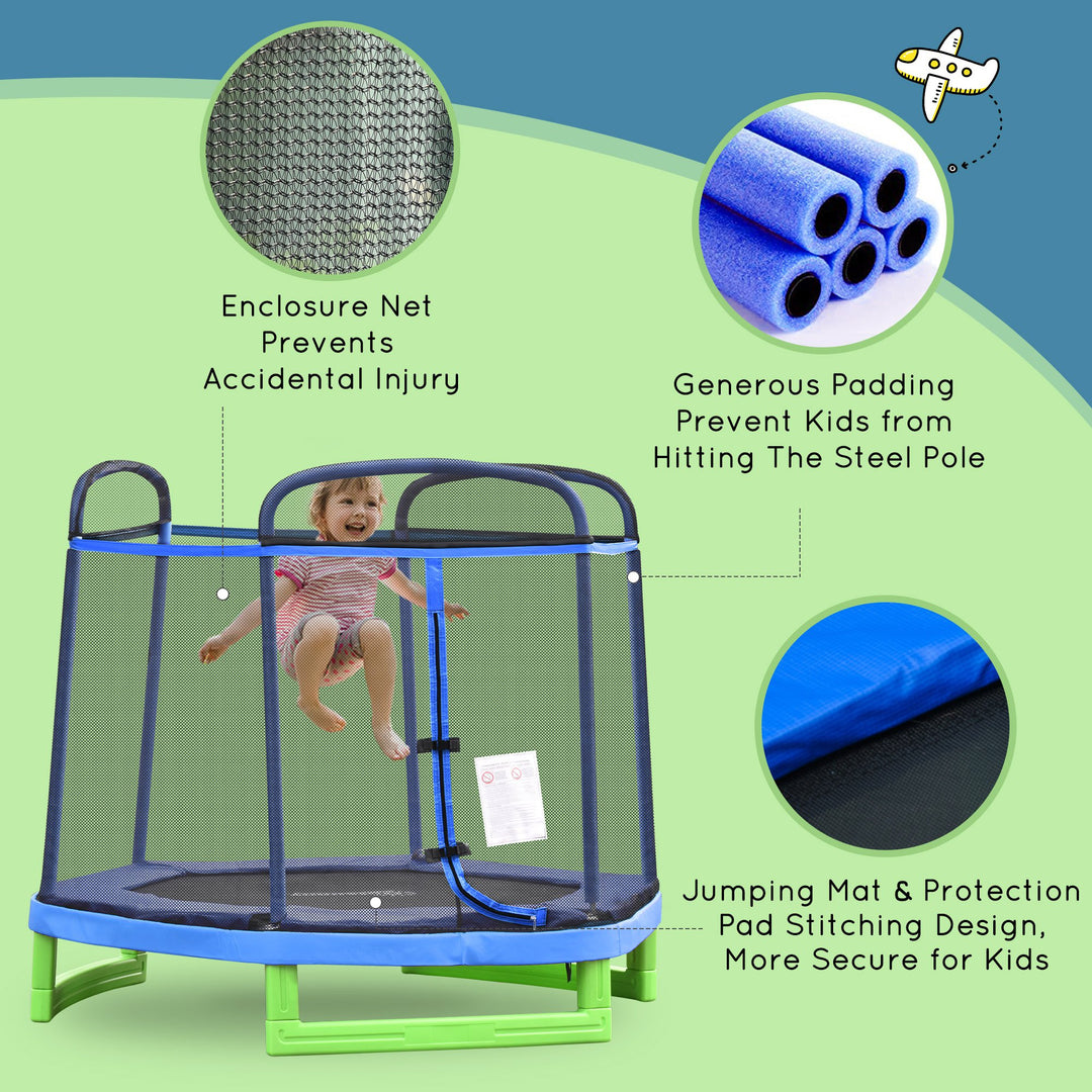 215 cm Kids Trampoline Indoor Bouncer Jumper w/ Security Enclosure Net Spring Gym Play Children for 3-12 Years Old Blue