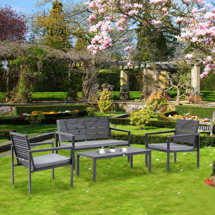 4 Piece Garden Sofa Set with Padded Cushions, Outdoor Conversation Furniture Set with Wood Grain Coffee Table, Steel Frame Grey