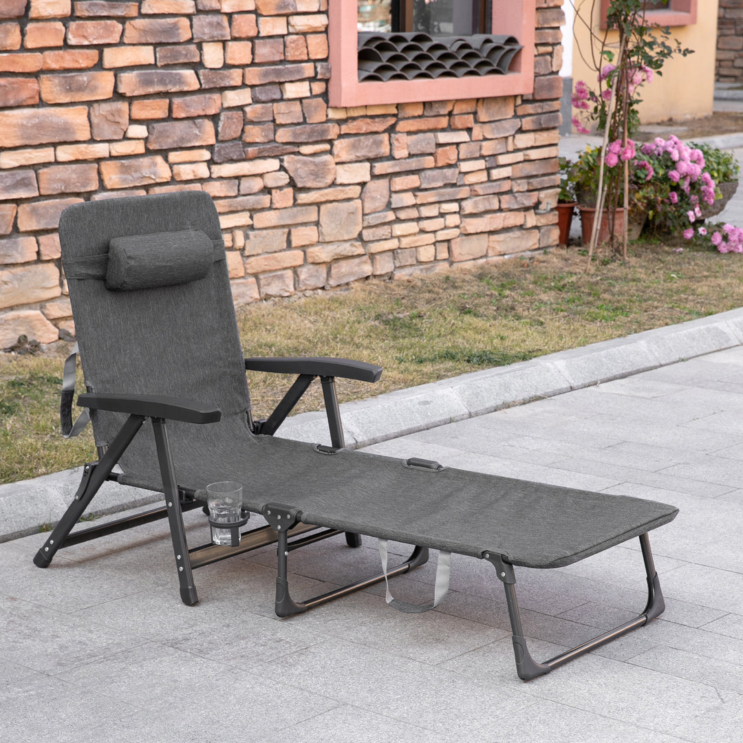 Outsunny Garden Lounger, Mesh Fabric Lounge Chair, 7-Reclining Position Sleeping Bed w/ Pillow &amp; Cup Holder or Poolside, 94H x 72W x 159D, Dark Grey