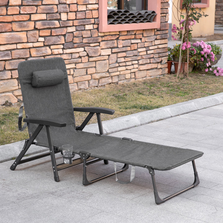 Outsunny Garden Lounger, Mesh Fabric Lounge Chair, 7-Reclining Position Sleeping Bed w/ Pillow &amp; Cup Holder or Poolside, 94H x 72W x 159D, Dark Grey