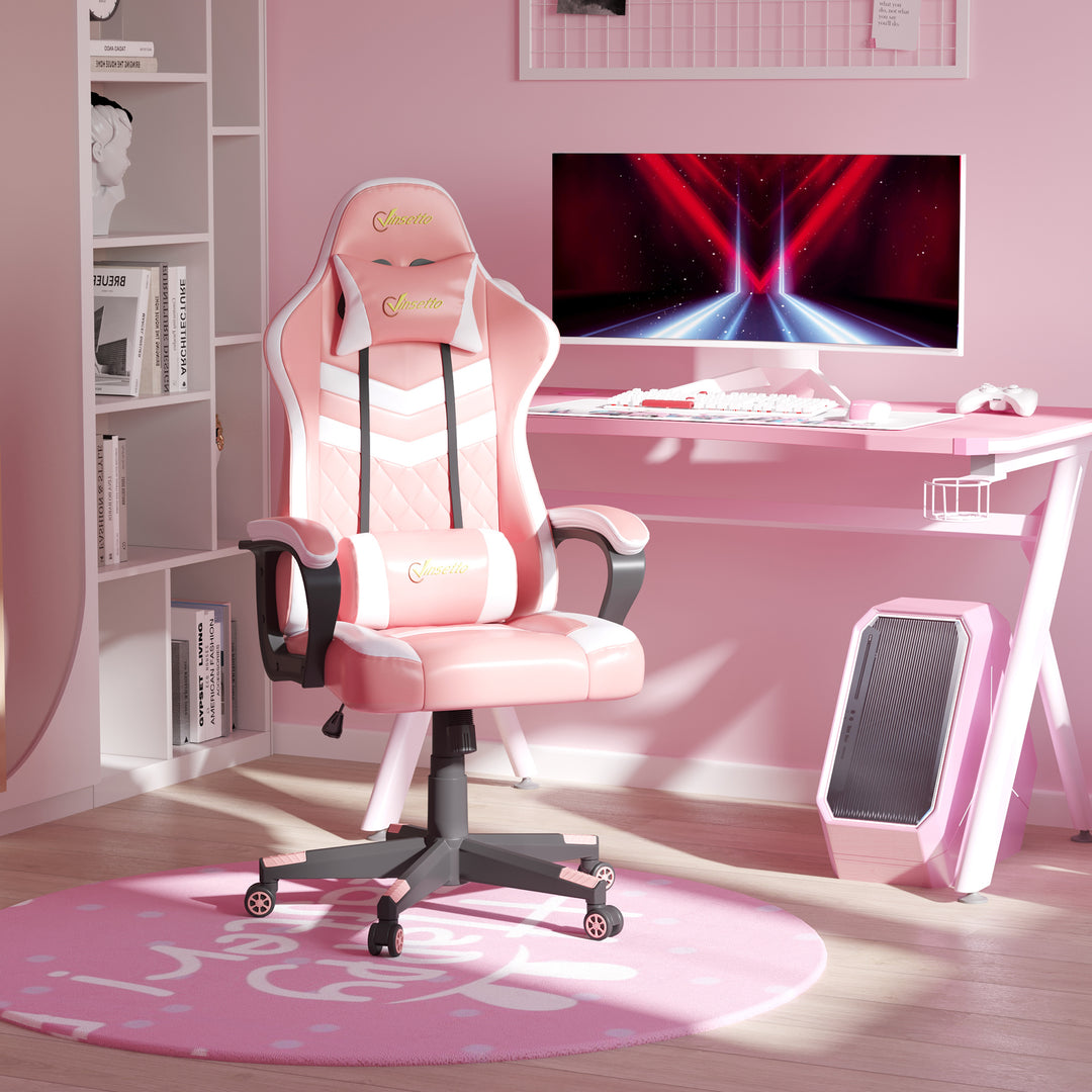Vinsetto Racing Gaming Chair with Lumbar Support, Headrest, Swivel Wheel, PVC Leather Gamer Desk Chair for Home Office, Pink White