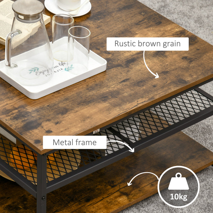 HOMCOM Industrial Coffee Table, Square Cocktail Table with 3-Tier Storage Shelves for Living Room, Rustic Brown