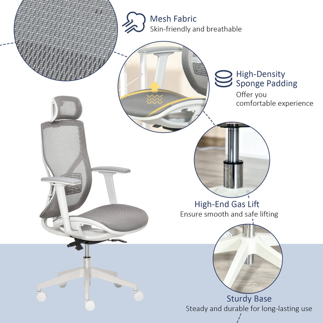 Vinsetto Ergonomic Office Chair with 360° , Wheel, Mesh Back, Adjustable Height &amp; 3D Armrest for Home Office, Grey