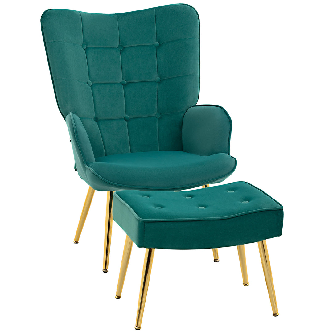 Upholstered Armchair with Footstool Set, Modern Button Tufted Accent Chair with Gold Tone Steel Legs, Wingback Chair for Living Room, Bedroom, Home Study, Dark Green