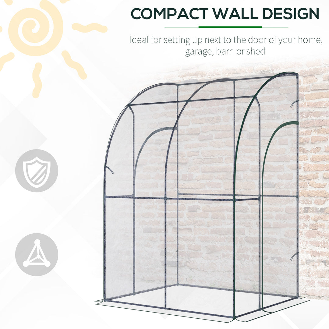 Outsunny Walk-In Greenhouse Lean to Wall Tunnel Greenhouse with Zippered Roll Up Door PVC Cover Sloping Top, 143 x 118 x 212 cm