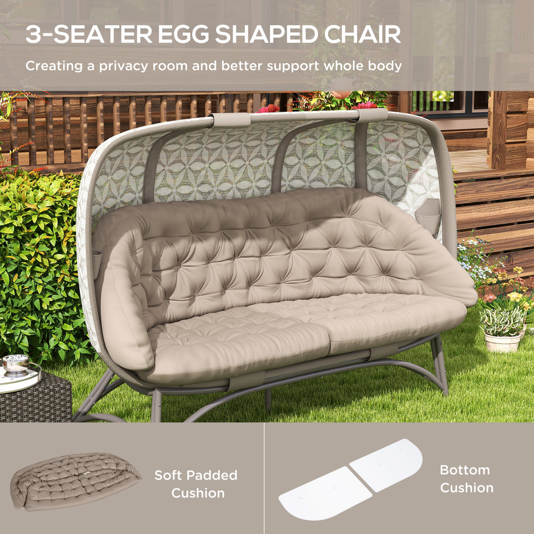 Folding Outdoor Egg Chair, Hollow Design 3 Seater Garden Furniture Chair w/ Flower Pattern Bottle Holder Bags for Indoor Outdoor, Sand Brown